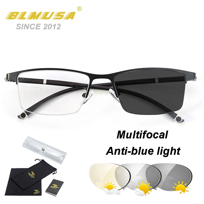 BLMUSA TR90 Business Photochromic Reading Glasses Progressive Multifocal Anti Blue Light Computer Glasses for Men