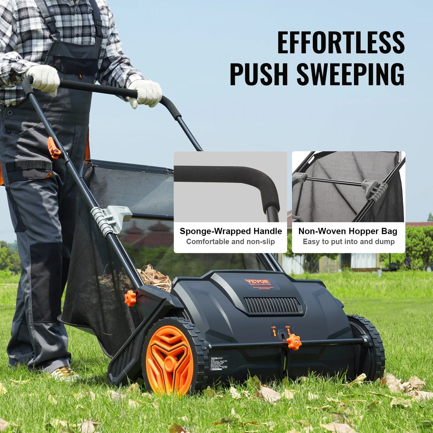 VEVOR Push Lawn Sweeper 21 Inch 3.5 Cubic Feet Leaf Grass Collector Durable Steel Mesh Hopper Bag with 2 Spinning Brushes