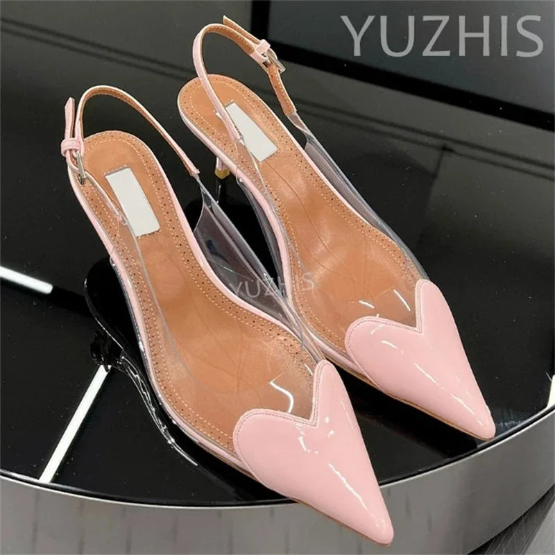 Patent Leather PVC Pointed Toe Summer Shoes for Women with Back Buckle Strap Shallow Heels Luxury Party Dress Wedding Sandals