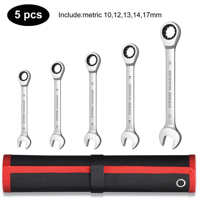 Ratcheting Wrench Set Metric and Standard 12 Point Box End Combination Spanner Gear Wrench Garage Tool Set CR-V Full Polished