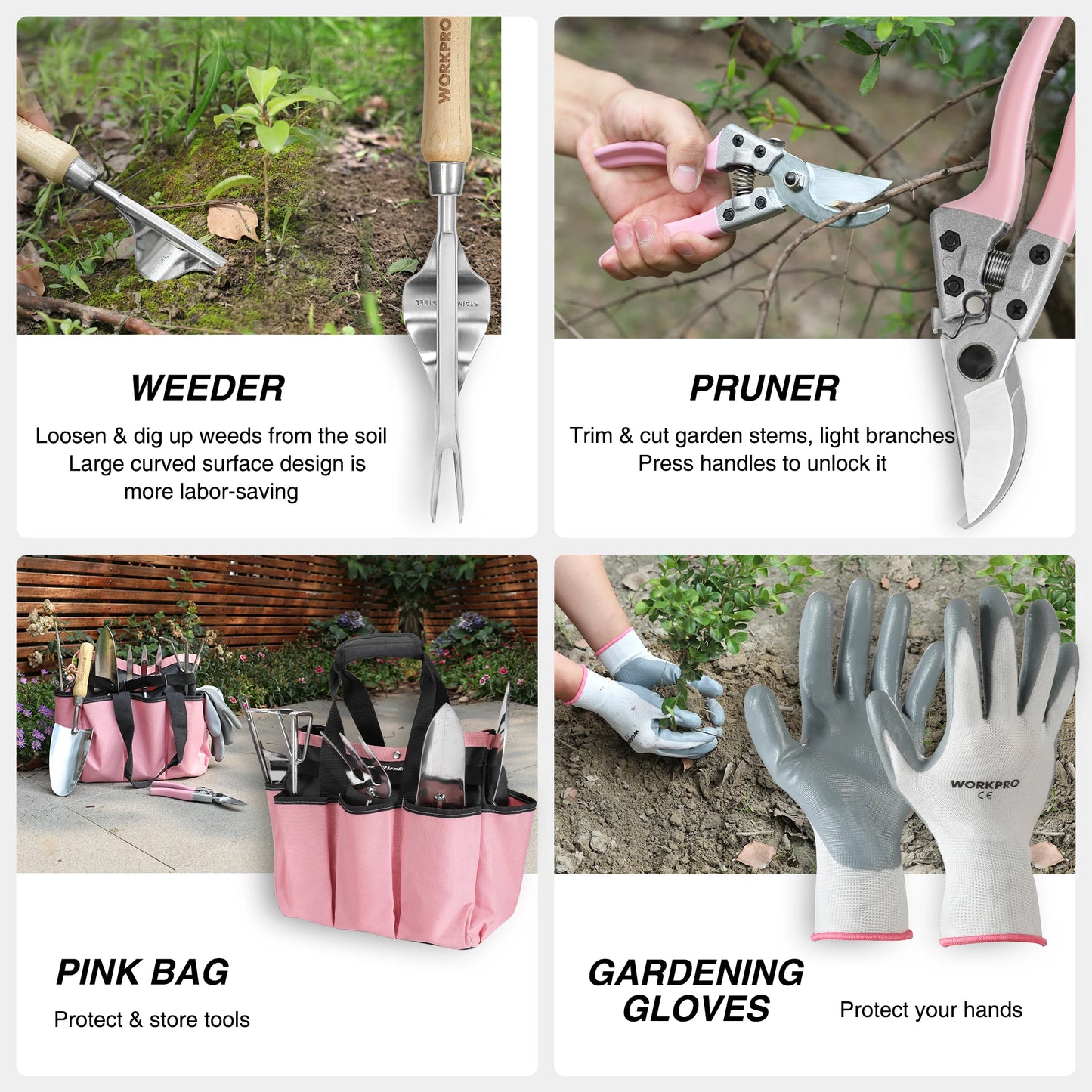 Workpro 8 Piece Pink Garden Tool Set Stainless Steel Gardening Tools with Wood Handle Garden Tote Gloves Trowel