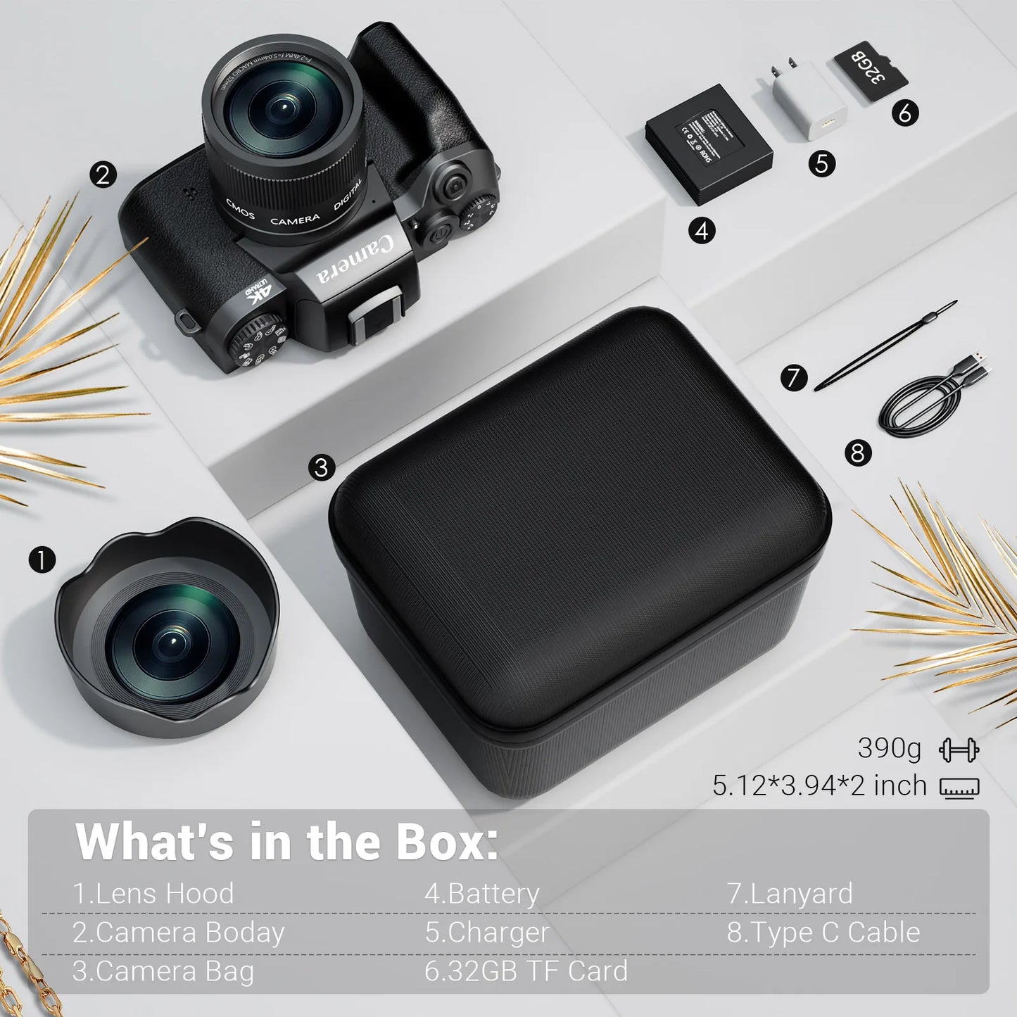 Digital Camera for Photography 4K 64MP WiFi Vlogging Camera with Flash Lens Hood Front and Rear Camera 4 Inch Touch Screen