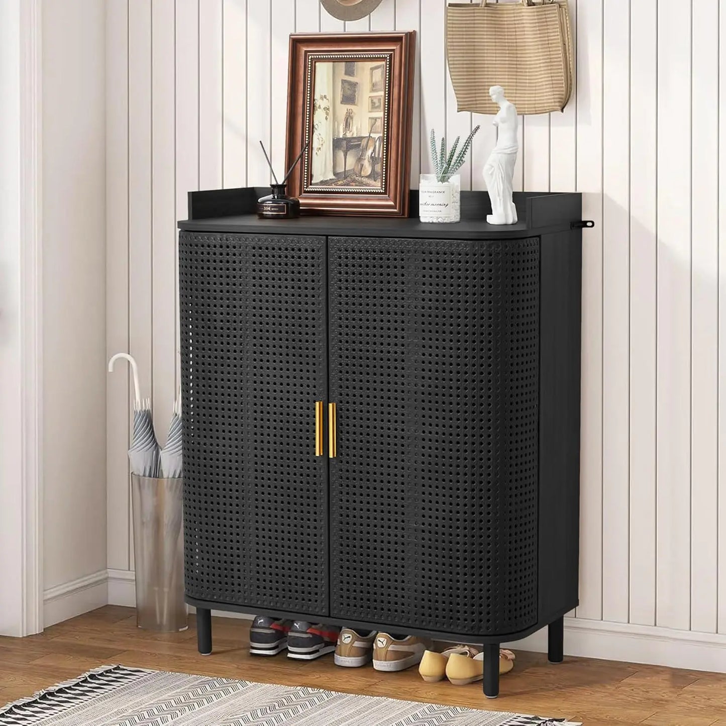 Shoe Cabinet,5 Tier Boho Wooden Shoe Storage Organizer Cabinet with Adjustable Shelves, Shoes Rack with Iron Rattan Curved Doors