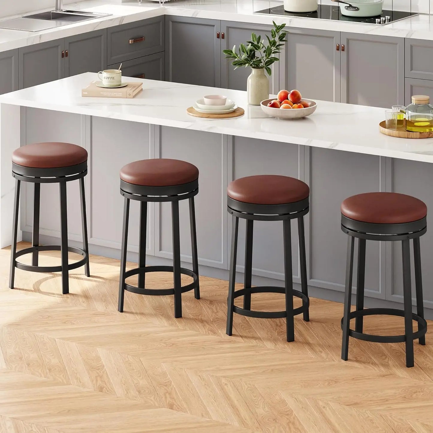 24'' Swivel Bar Stools with Footrest, Modern Counter Height Barstools with PU Leather Upholstered and Metal Frame