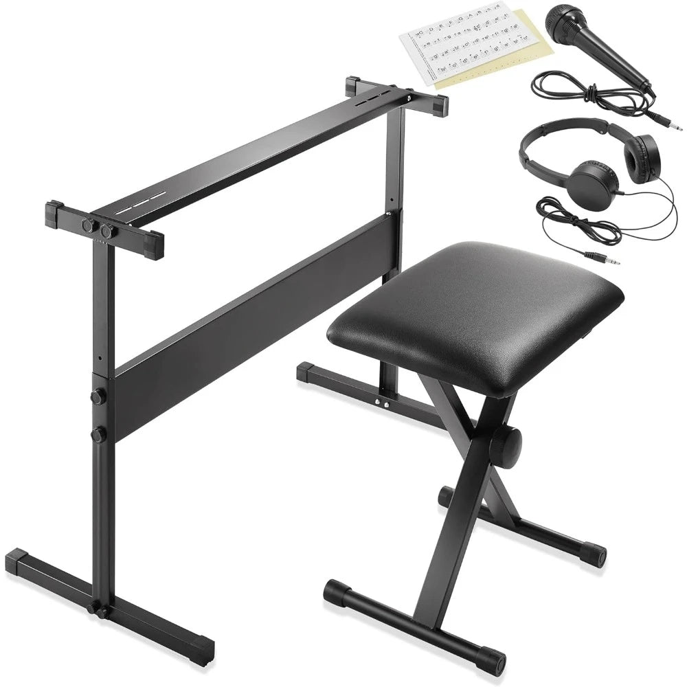 61-Key Digital Electronic Keyboard Piano with Light Up Keys, Includes Stand, Bench, Headphones, Mic