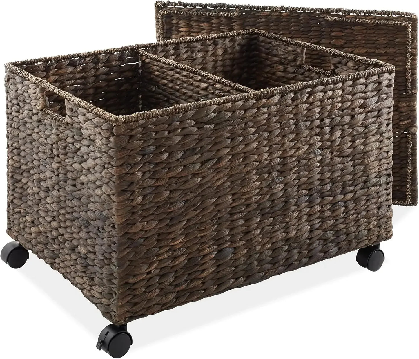 Rolling Storage Basket Cart with Lid and Locking Wheels, Natural Handwoven Water Hyacinth Divided Bin