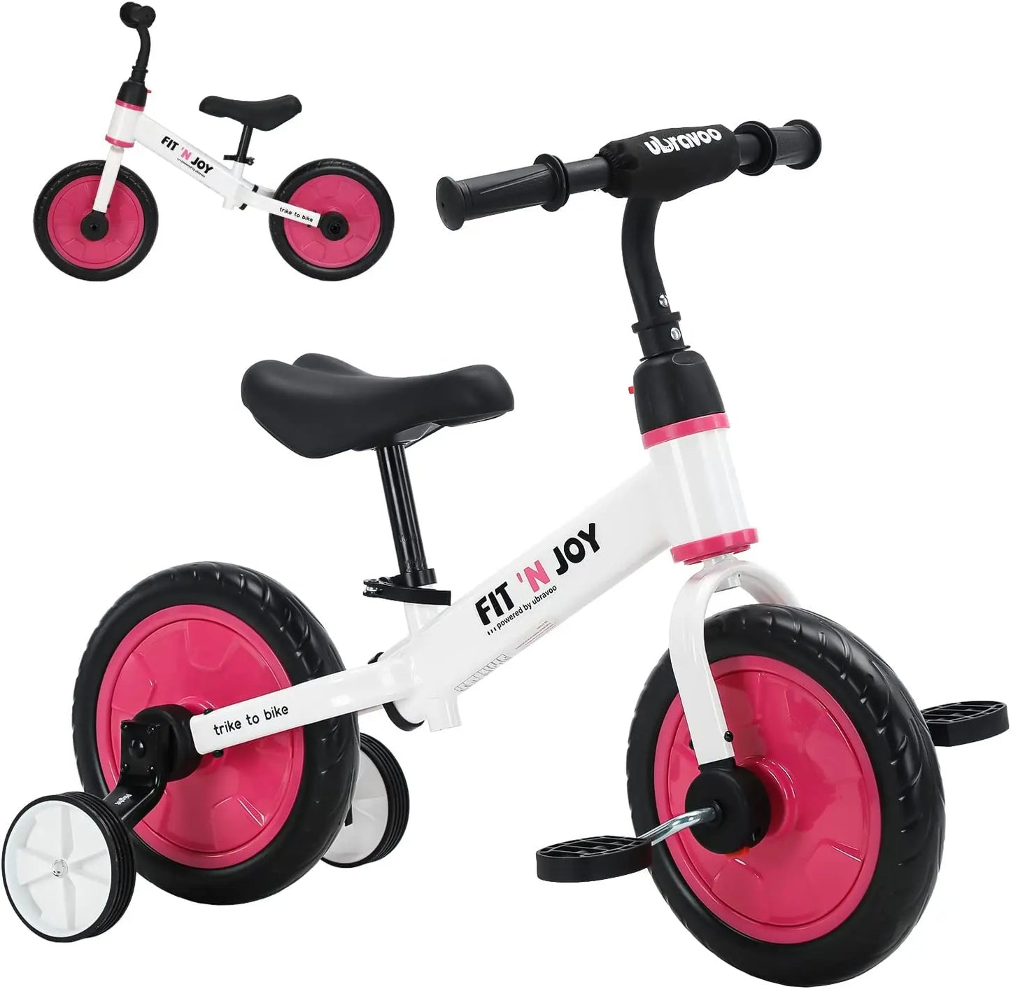 Ubravoo Fit N Joy Beginner Toddler Training Bicycle for Boys Girls 2 to 4 Years Old 4 in 1 Kids Balance Bike with Pedals and Training Wheels
