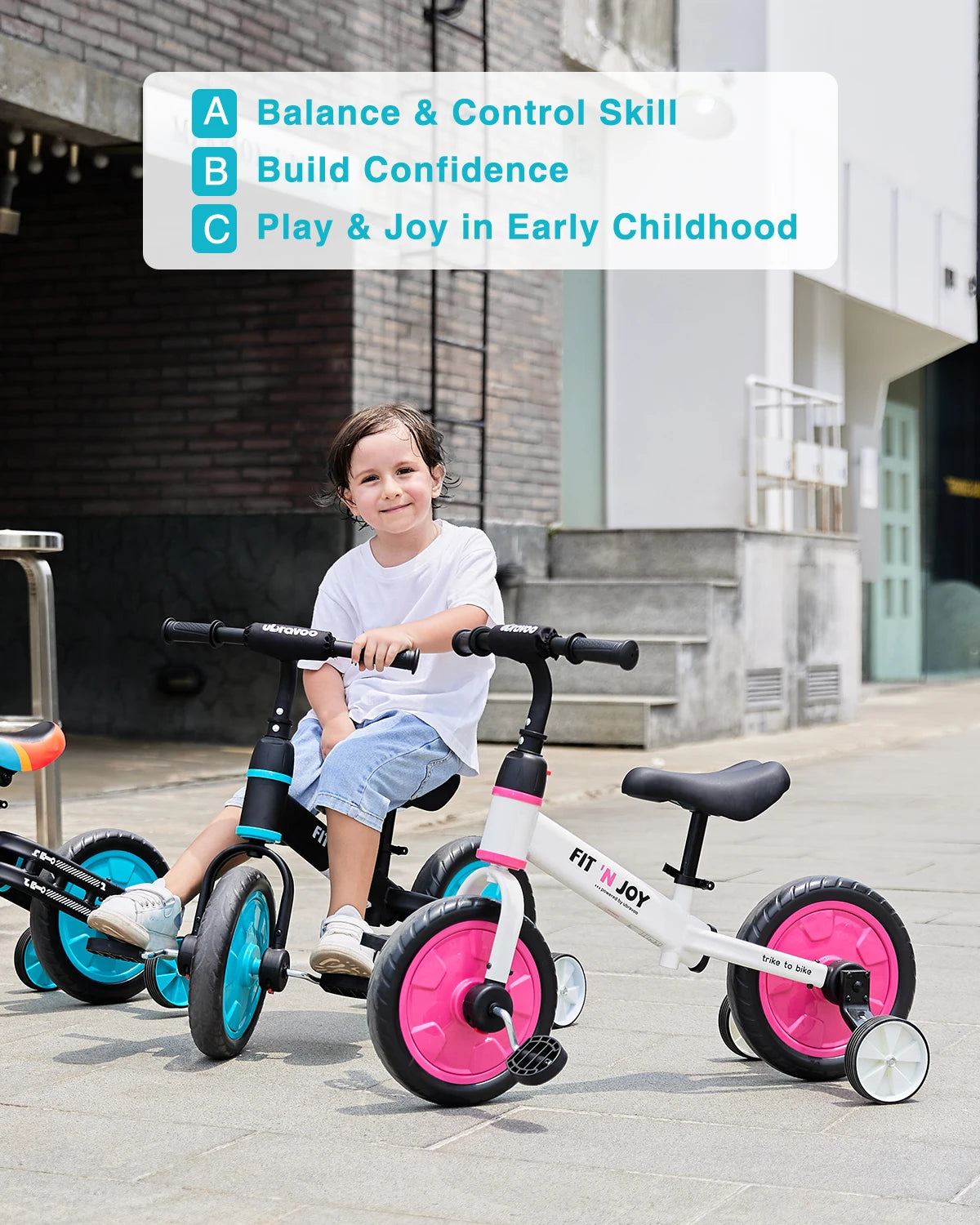 Ubravoo Fit N Joy Beginner Toddler Training Bicycle for Boys Girls 2 to 4 Years Old 4 in 1 Kids Balance Bike with Pedals and Training Wheels