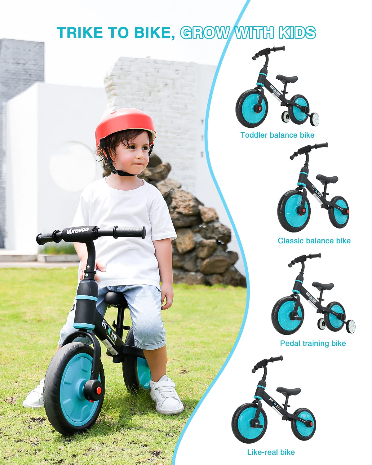 Ubravoo Fit N Joy Beginner Toddler Training Bicycle for Boys Girls 2 to 4 Years Old 4 in 1 Kids Balance Bike with Pedals and Training Wheels