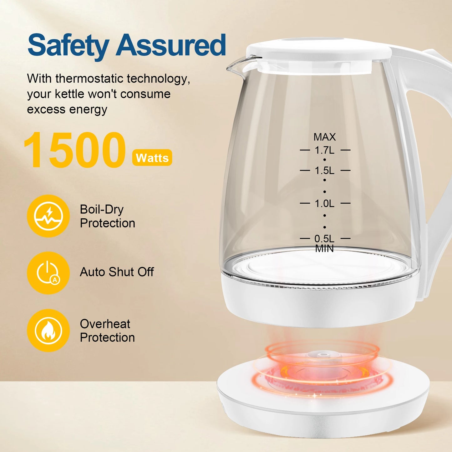 Electric Tea Kettle - CACHOO 1.7L Borosilicate Glass Electric Kettle with LED Indicator, Fast Boiling Hot Water Boiler