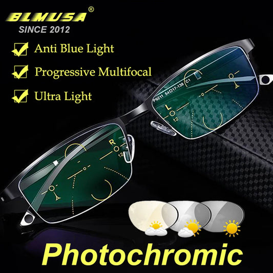 BLMUSA TR90 Business Photochromic Reading Glasses Progressive Multifocal Anti Blue Light Computer Glasses for Men