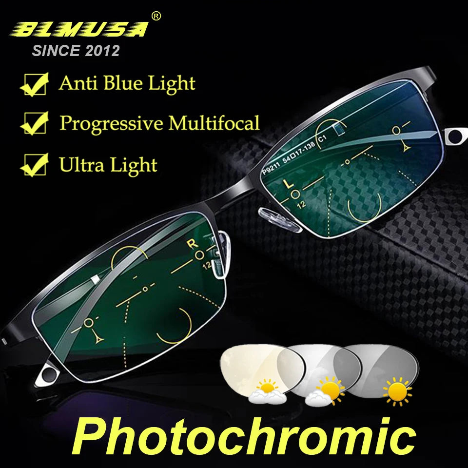 BLMUSA TR90 Business Photochromic Reading Glasses Progressive Multifocal Anti Blue Light Computer Glasses for Men