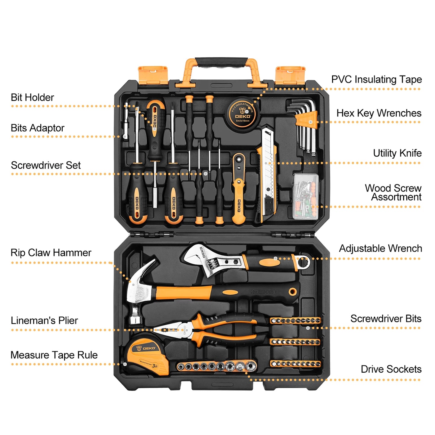 DEKO 100pcs Socket Wrench Hand Tool Set for Auto Repair with Measure Tape Driver Screwdriver Combination Tool Box edc Home DIY