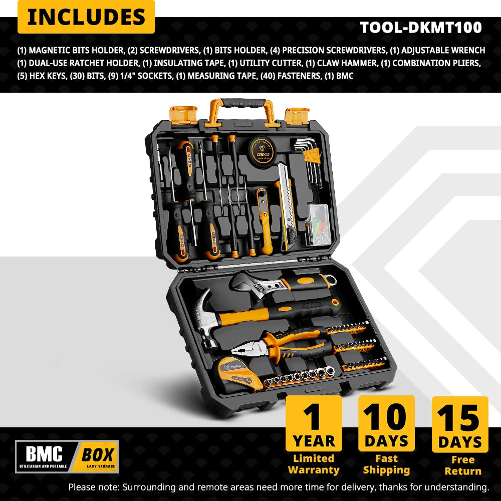 DEKO 100pcs Socket Wrench Hand Tool Set for Auto Repair with Measure Tape Driver Screwdriver Combination Tool Box edc Home DIY