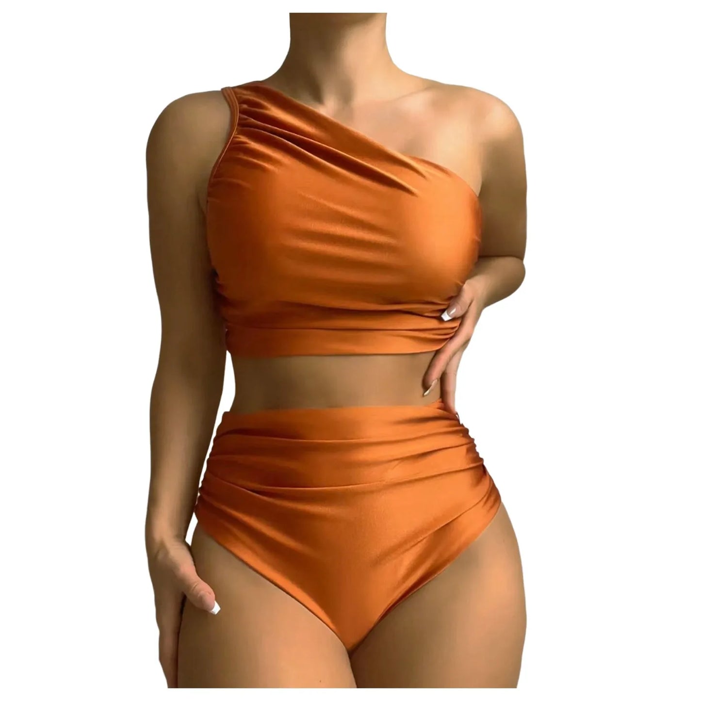 One Shoulder Sleeveless Bikini Set for Women Solid Color Pleated Bandage Bathing Suit Swimwear Summer Beach 2024 Trend