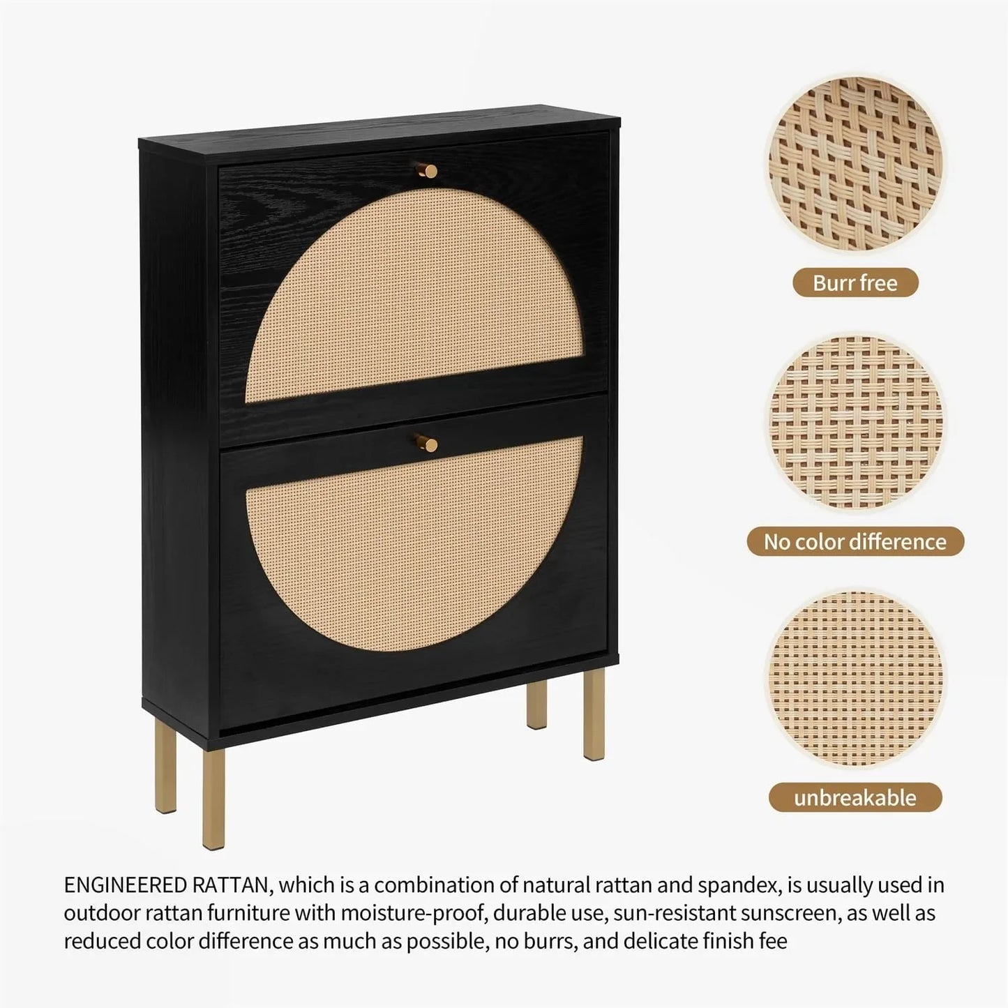 Rattan Shoe Cabinet with Two Flip Drawers Black Free Standing Storage Rack with Metal Legs Shoe Organizer for Entrance Hallway