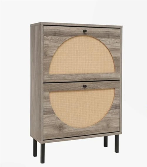 Rattan Shoe Cabinet with Two Flip Drawers Black Free Standing Storage Rack with Metal Legs Shoe Organizer for Entrance Hallway