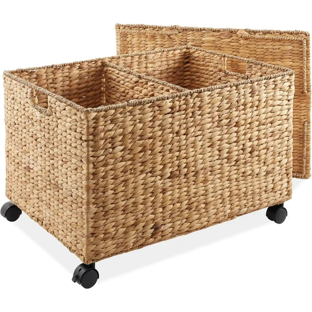 Rolling Storage Basket Cart with Lid and Locking Wheels, Natural Handwoven Water Hyacinth Divided Bin
