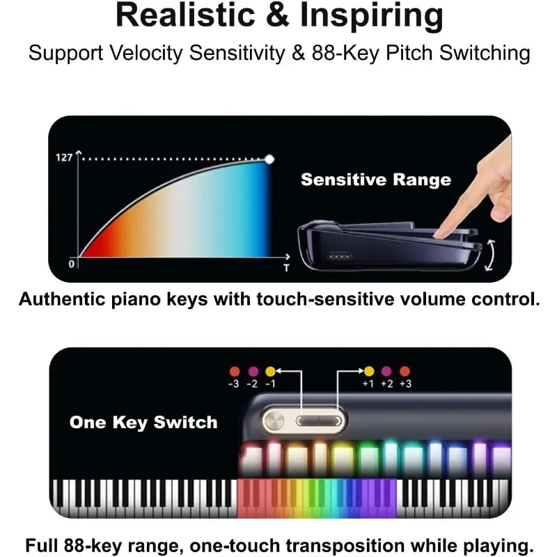 Smart Piano Keyboard with Speaker Rainbow Lighting Keys 256 Tones MIDI Controller Electric Keyboard Piano Audio Input