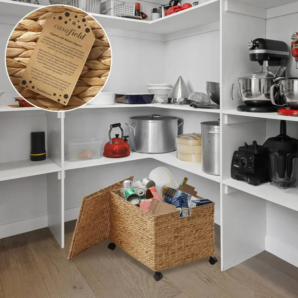 Rolling Storage Basket Cart with Lid and Locking Wheels, Natural Handwoven Water Hyacinth Divided Bin