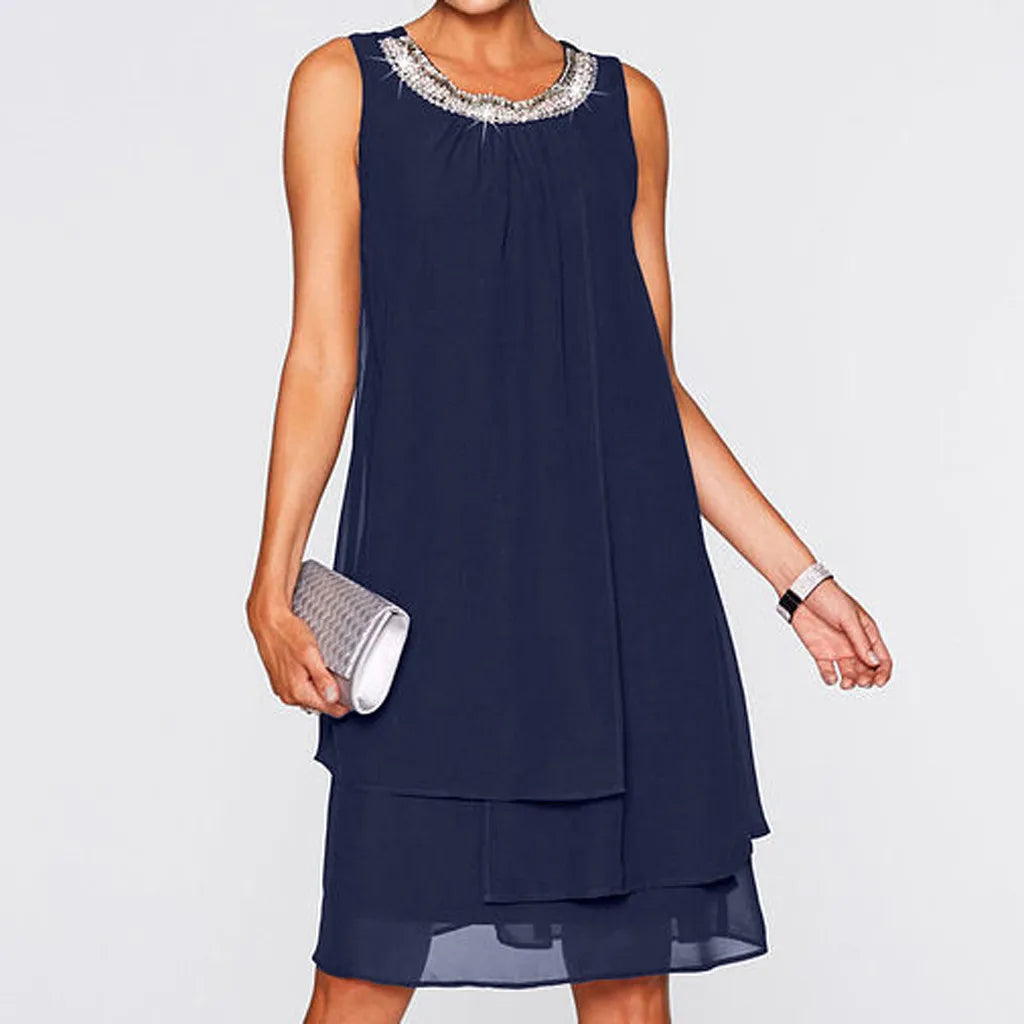 Women Chiffon Dresses Summer Sequin O-neck Sleeveless