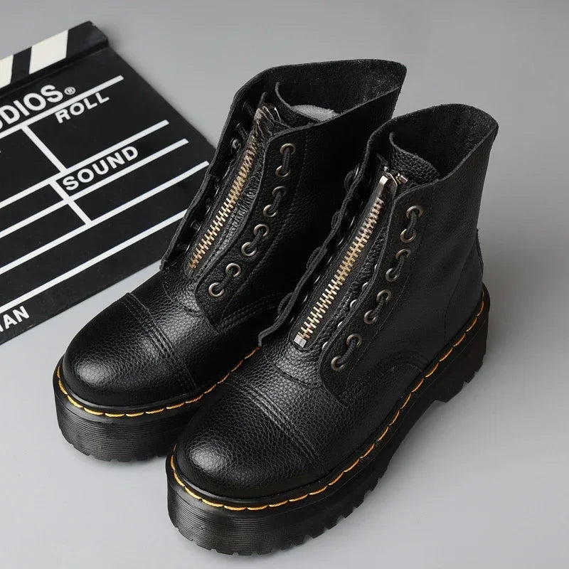 Women Boots Genuine Leather Platform Boots Motorcycle Shoes Front Zipper Optical Soles Fashion Sexy Punk Men Winter Boots 35-46