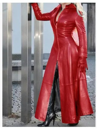 Winter Women's Fashion Cyberpunk Leather Long Jacket Casual Loose Button Solid Color Coats Lapel Biker Jacket