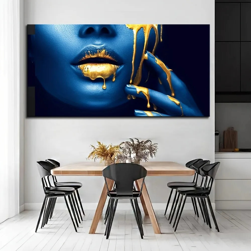 Stunning African Women's Abstract Canvas Print in Blue Gold Frame