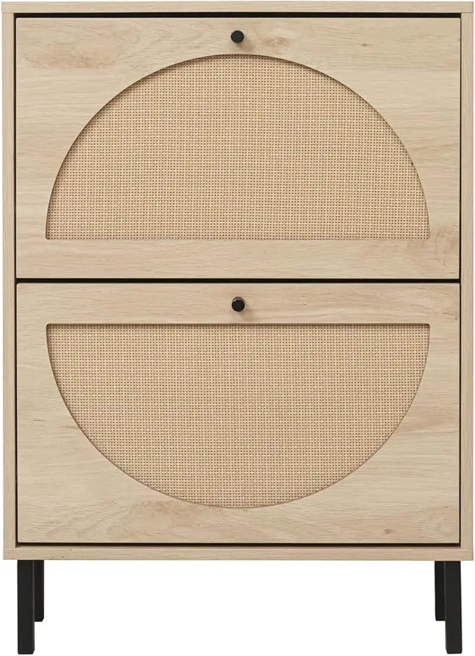 Rattan Shoe Cabinet with Two Flip Drawers Black Free Standing Storage Rack with Metal Legs Shoe Organizer for Entrance Hallway