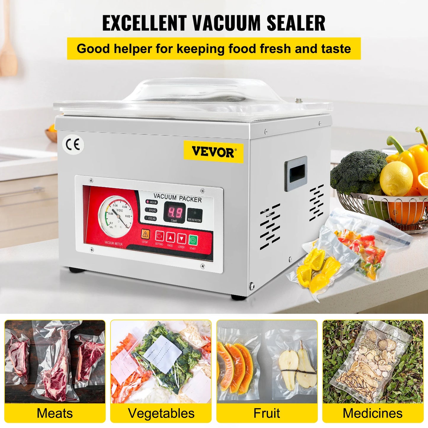 VEVOR Food Vacuum Packing Machine DZ-260A Commercial Chamber Vacuum Sealer Kitchen Meat Bag Packaging Food Saver Sealing Machine