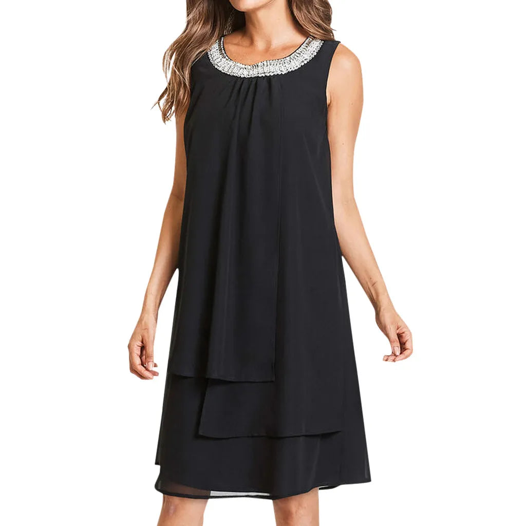 Women Chiffon Dresses Summer Sequin O-neck Sleeveless