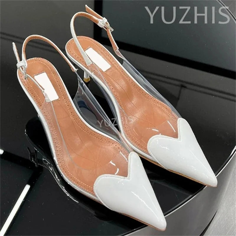 Patent Leather PVC Pointed Toe Summer Shoes for Women with Back Buckle Strap Shallow Heels Luxury Party Dress Wedding Sandals