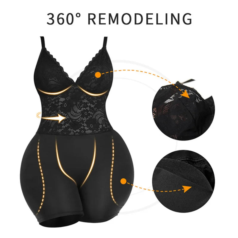 Sexy Overbust Full Body Shaper Lace Shapewear Bodysuit with Hip Pads Butt Lifter and Waist Slimmer Slimming Control Panties