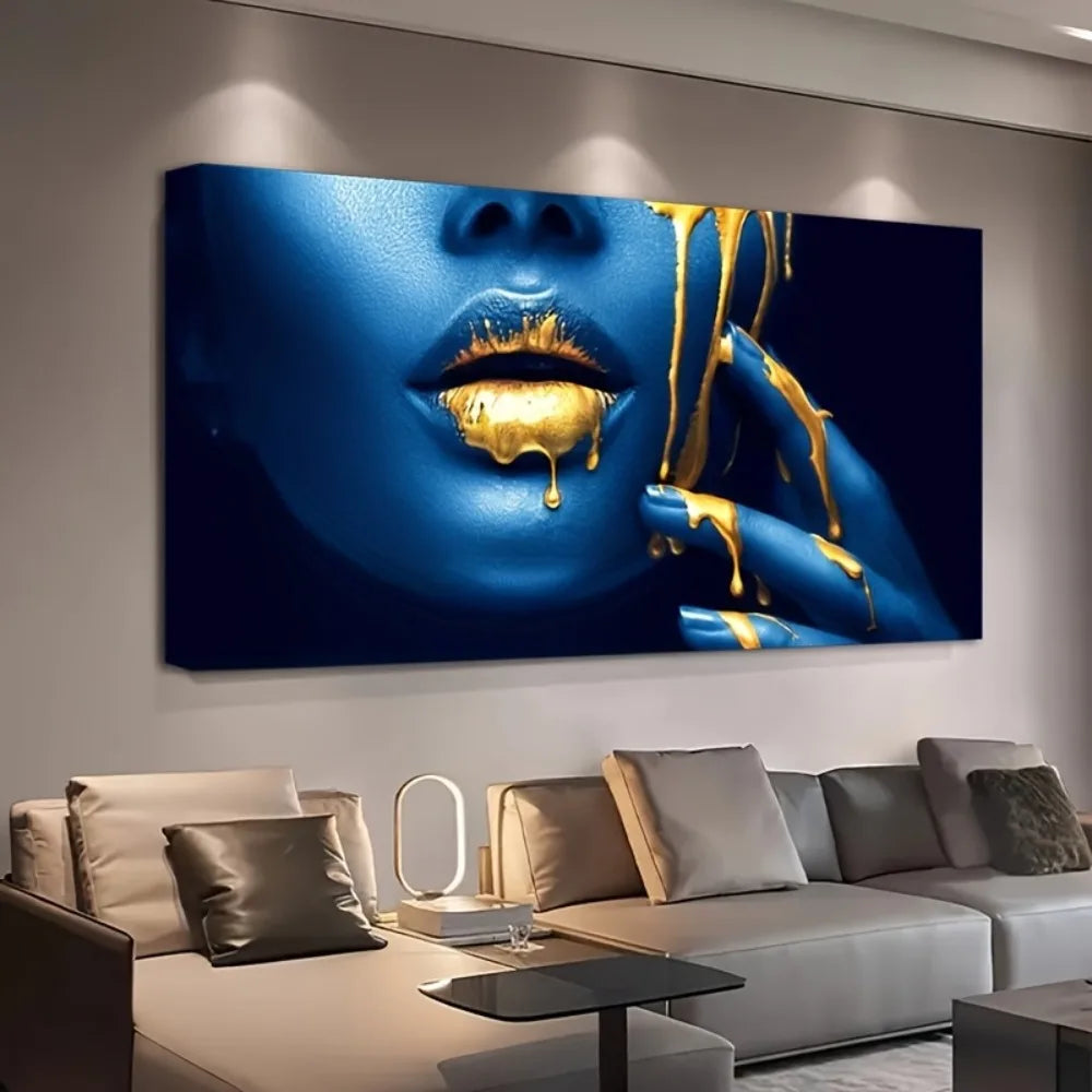 Stunning African Women's Abstract Canvas Print in Blue Gold Frame