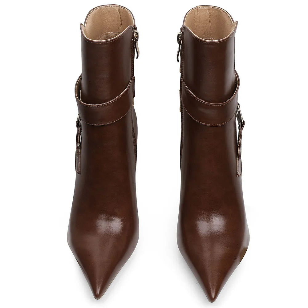 DoraTasia Fashion Pointed Toe Thin High Heel Boots for Women Hollow Metal Buckle Side Zipper Spring Autumn Party Shoes