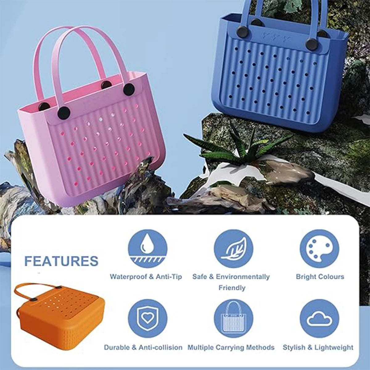 Waterproof EVA Beach Tote Bag Large Washable Rubber Travel Handbags for Sports Outdoor Anti-Tip Gift for Women