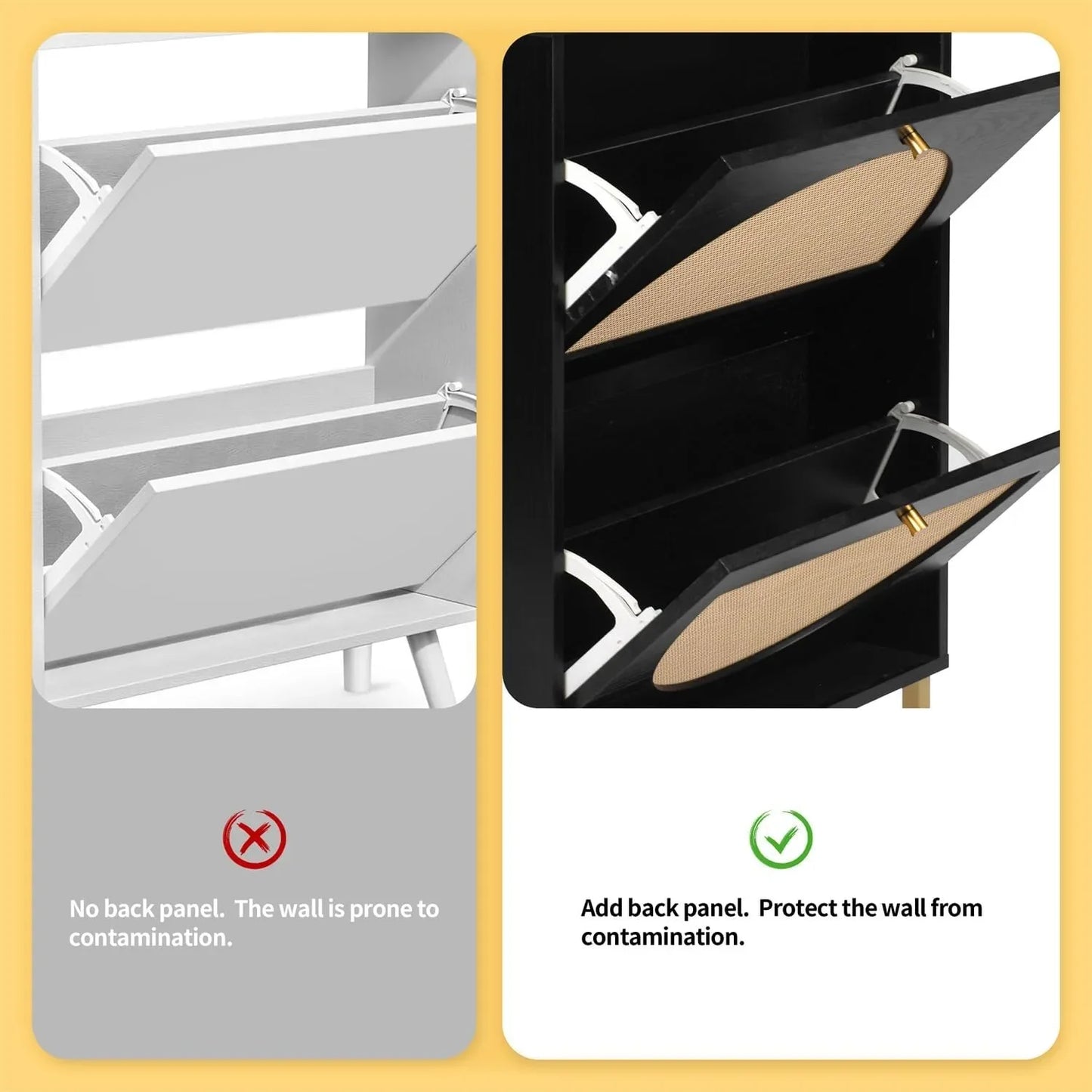 Rattan Shoe Cabinet with Two Flip Drawers Black Free Standing Storage Rack with Metal Legs Shoe Organizer for Entrance Hallway