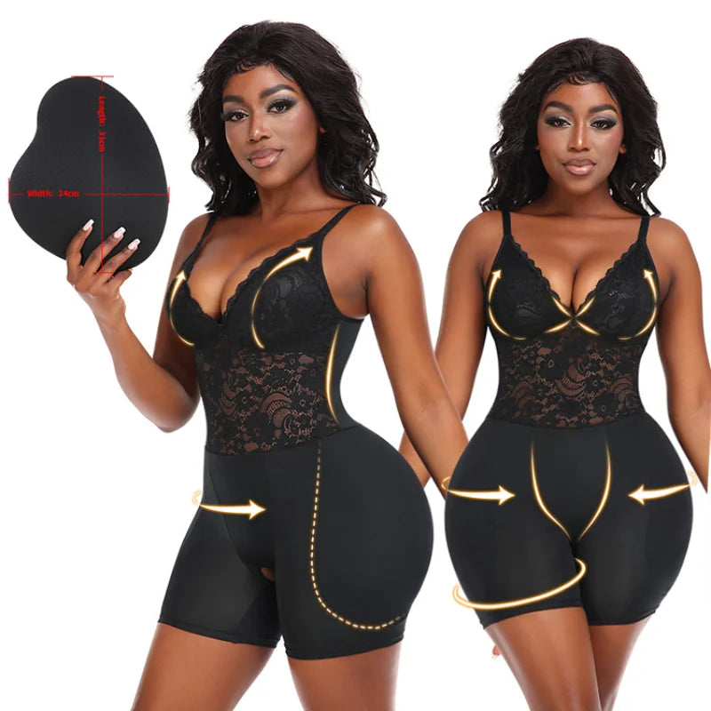 Sexy Overbust Full Body Shaper Lace Shapewear Bodysuit with Hip Pads Butt Lifter and Waist Slimmer Slimming Control Panties