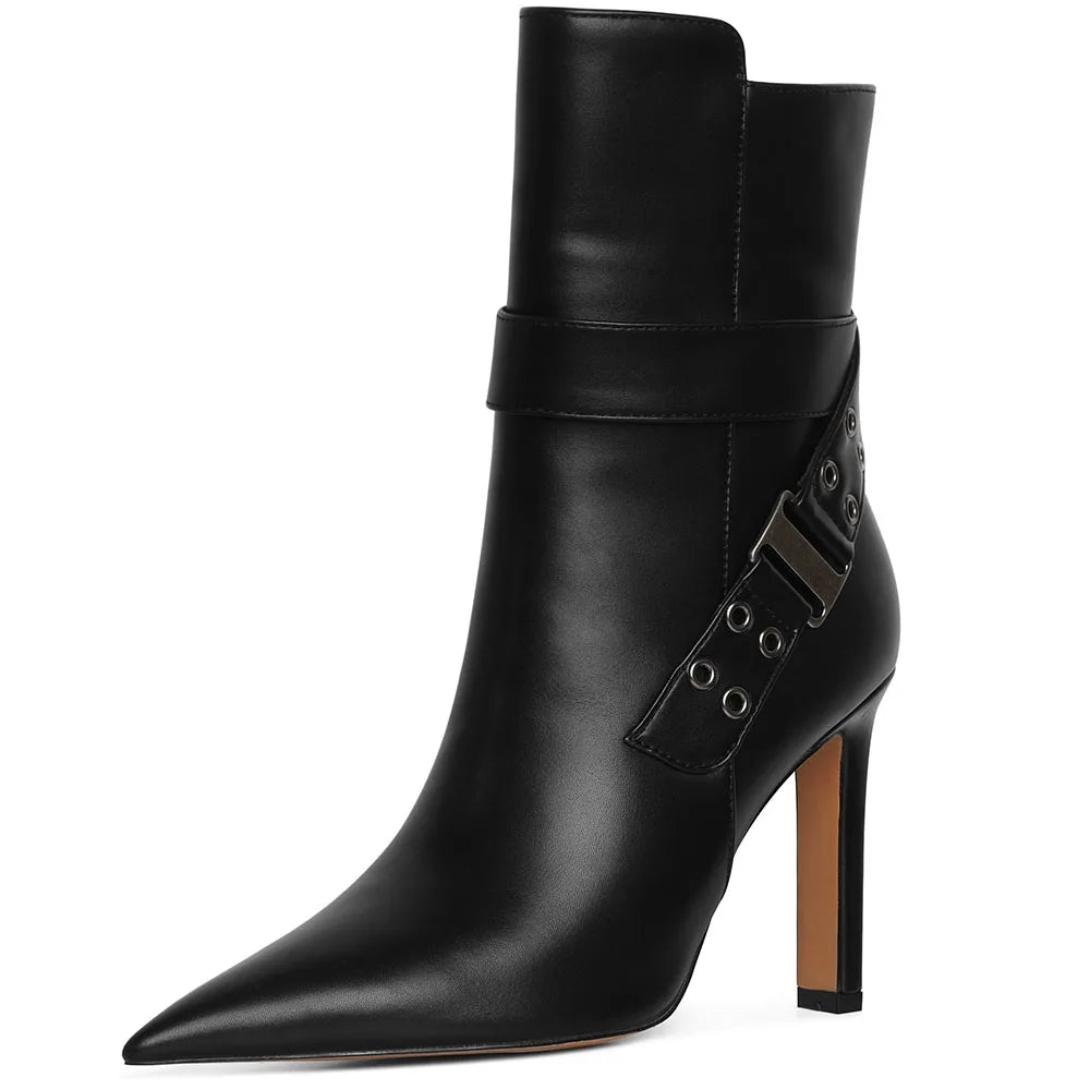 DoraTasia Fashion Pointed Toe Thin High Heel Boots for Women Hollow Metal Buckle Side Zipper Spring Autumn Party Shoes