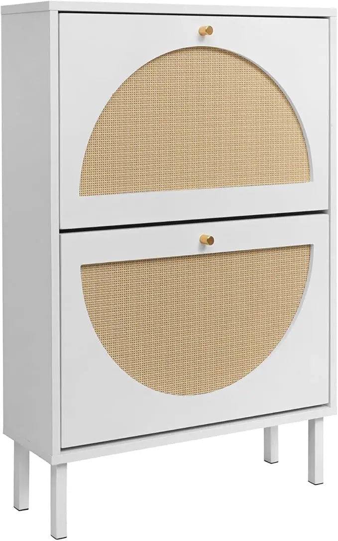 Rattan Shoe Cabinet with Two Flip Drawers Black Free Standing Storage Rack with Metal Legs Shoe Organizer for Entrance Hallway