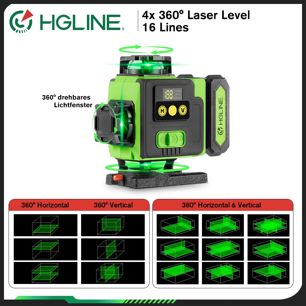 HGLINE 16 Lines 4D Laser Level Rotatable Level Machine Rechargeable Automatic Leveling Tool with 2X6000mAh Battery Set and Tripod