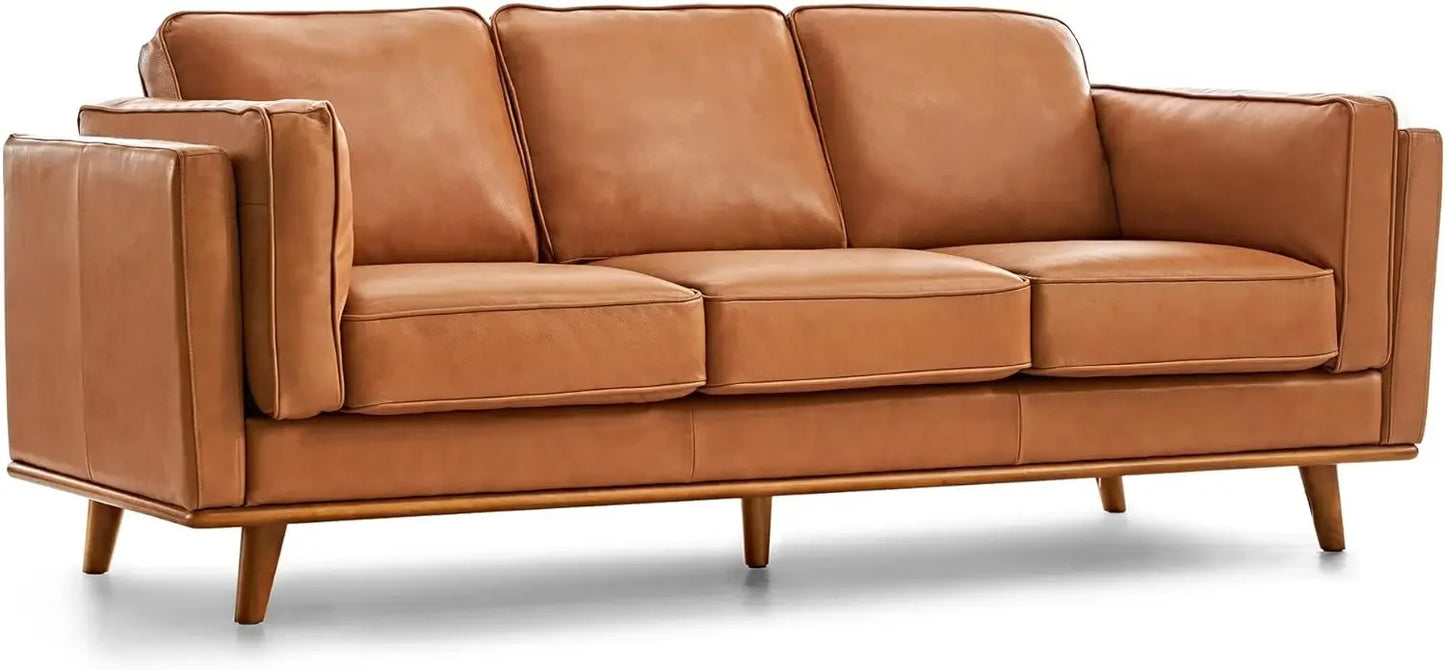 Full Leather Sofa 88”-Pure Full Italian Nappa Leather Couch,Solid Wood Accent,Ultimate Comfort,Cognac Tan Living Room Furniture