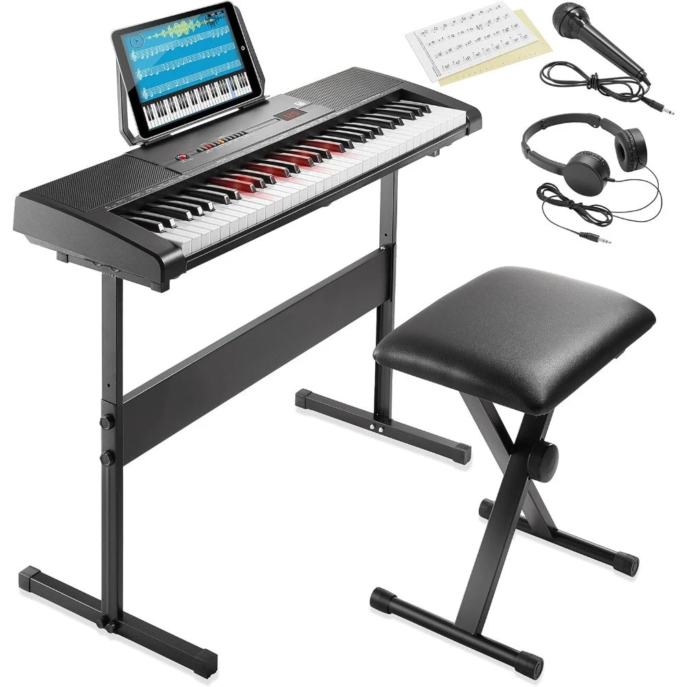 61-Key Digital Electronic Keyboard Piano with Light Up Keys, Includes Stand, Bench, Headphones, Mic