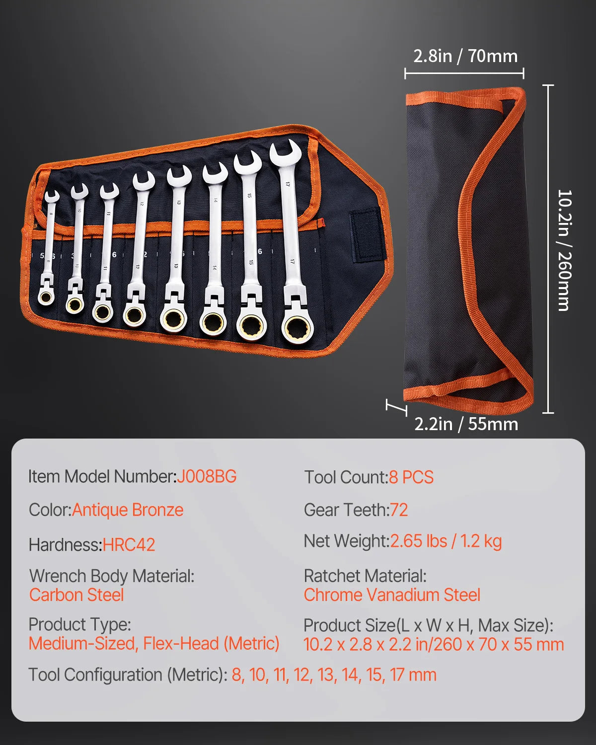VEVOR Flex Head Ratcheting Wrench Set 8 Piece Combination Wrench Set with Roll Up Pouch Steel Flexible Ratcheting Wrenches SAE Metric