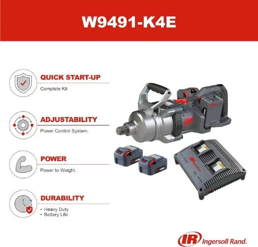 Ingersoll Rand W9491-K4E 20V High Torque 1 Inch Drive Cordless Impact Wrench Kit 2600 ft lbs Nut Busting Torque 4 Batteries