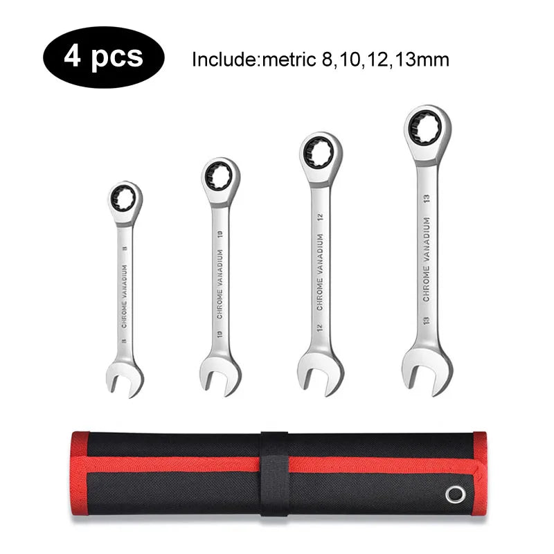 Ratcheting Wrench Set Metric and Standard 12 Point Box End Combination Spanner Gear Wrench Garage Tool Set CR-V Full Polished