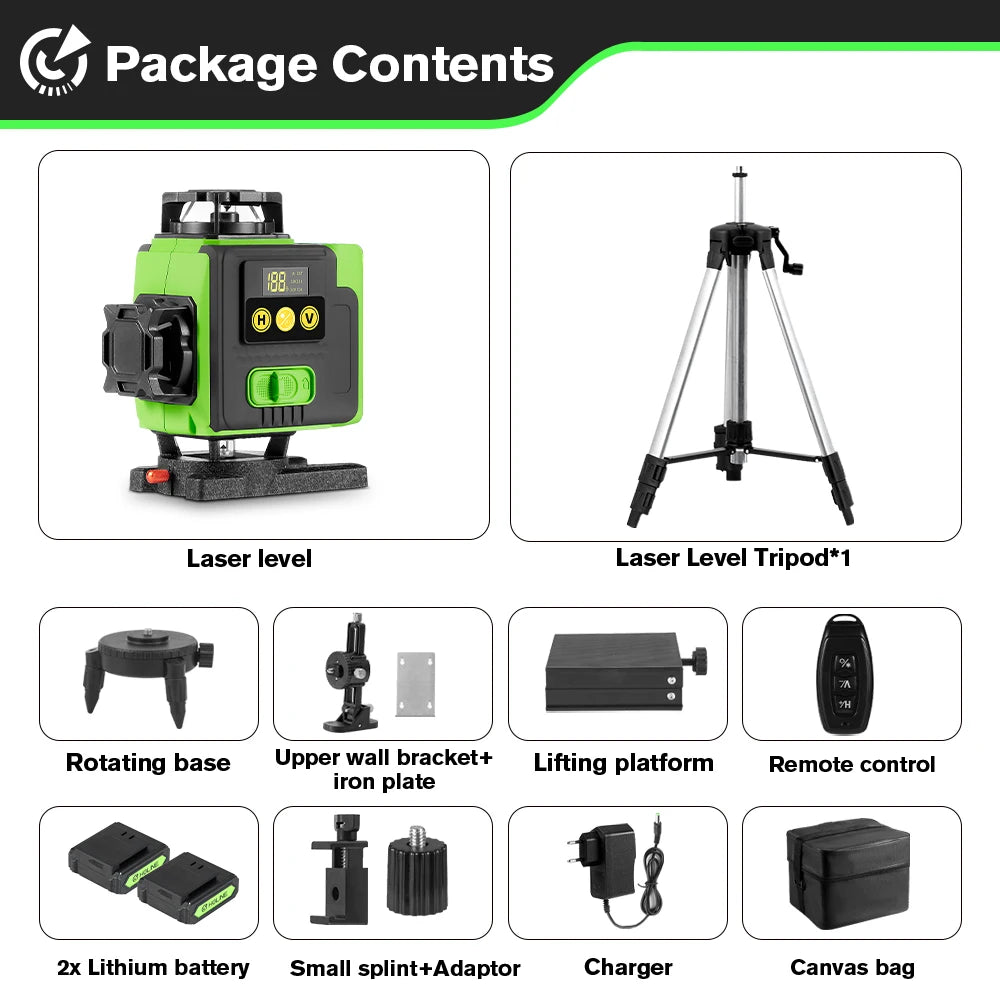 HGLINE 16 Lines 4D Laser Level Rotatable Level Machine Rechargeable Automatic Leveling Tool with 2X6000mAh Battery Set and Tripod
