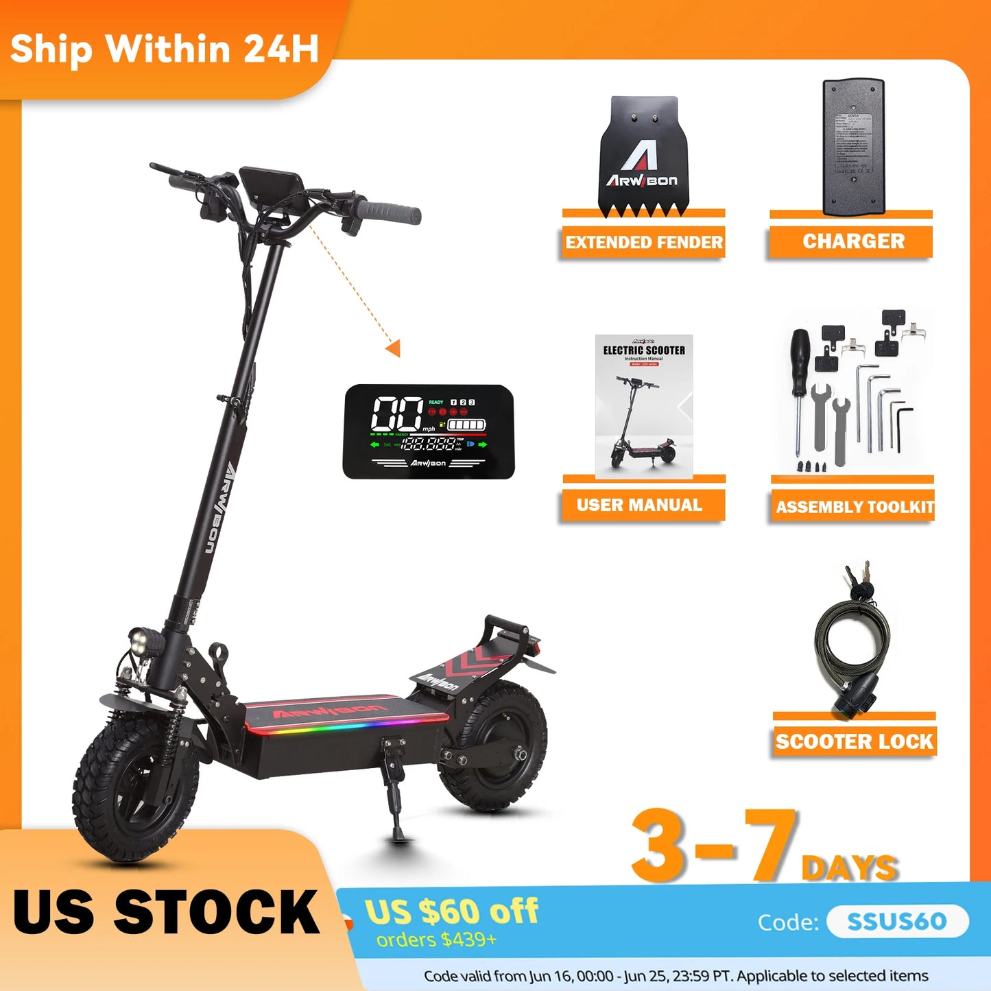 Arwibon Q30 Adult Electric Scooter 2500W Motor Top Speed 30MPH 48V 16AH 11 Inch Off Road Tires Sport Commuter Folding E Scooter