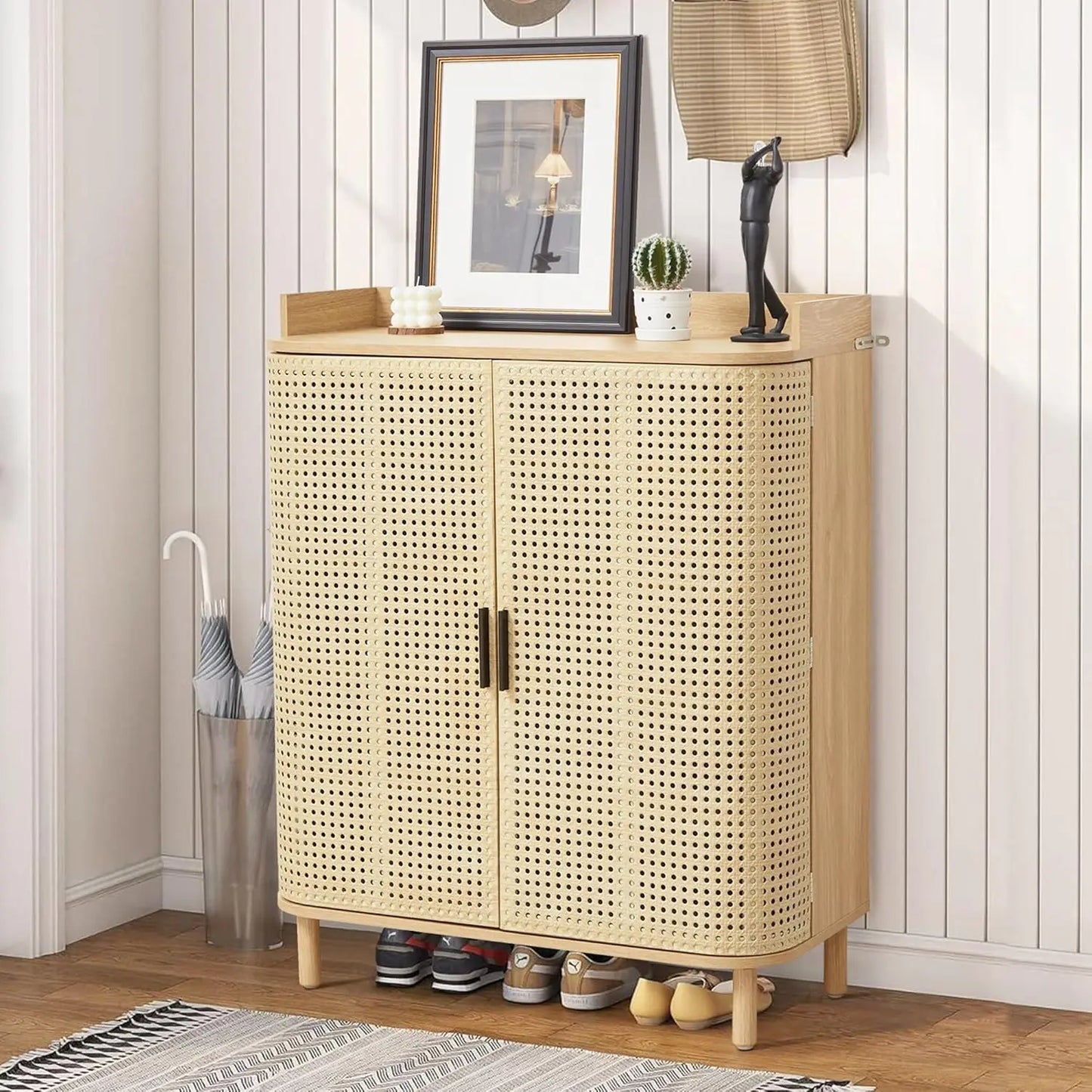 Shoe Cabinet,5 Tier Boho Wooden Shoe Storage Organizer Cabinet with Adjustable Shelves, Shoes Rack with Iron Rattan Curved Doors