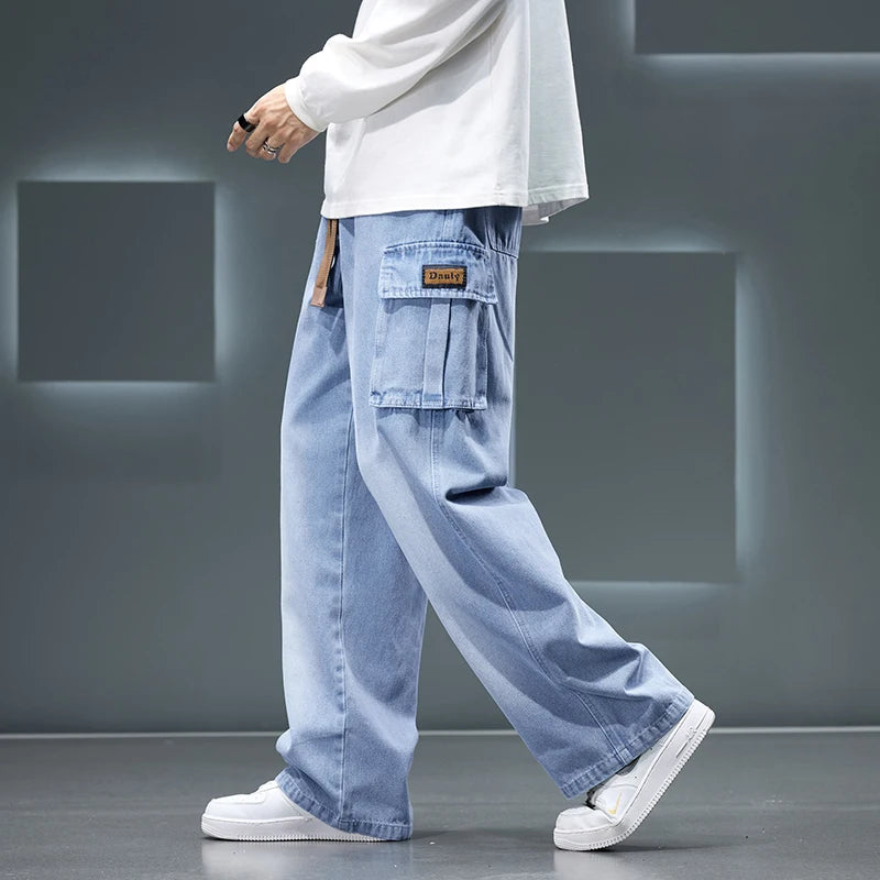 Autumn New Wide Leg Washing Jean Pants for Men Casual Loose Fit Cargo Trousers with Pockets in Big Size 8XL